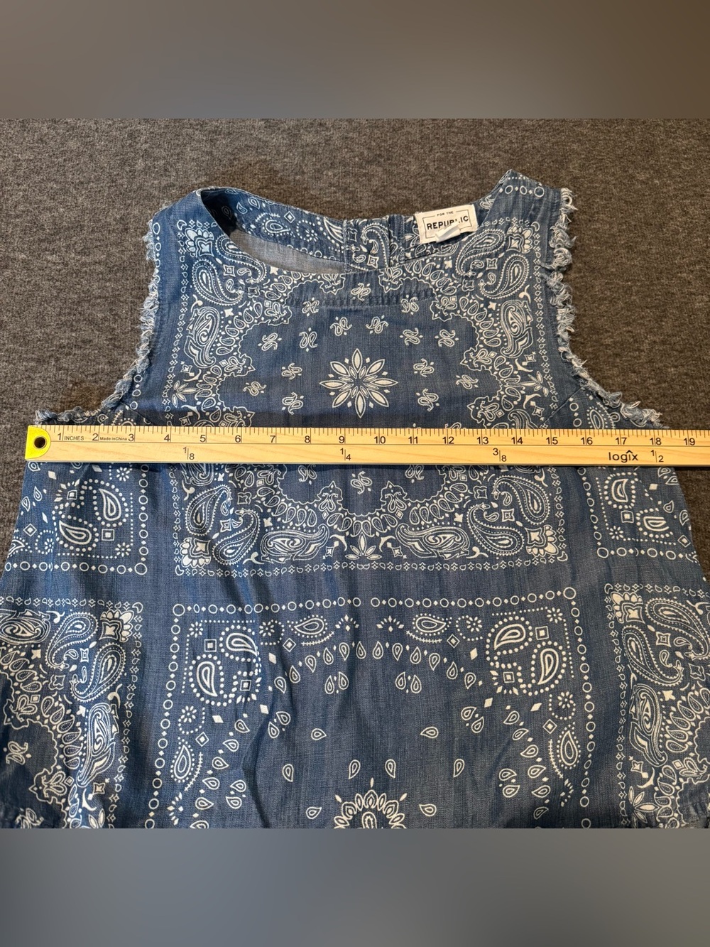 For The Republic Denim Blue Bandana Paisley Print Button Back Boho Tank Top - Picture 9 of 12